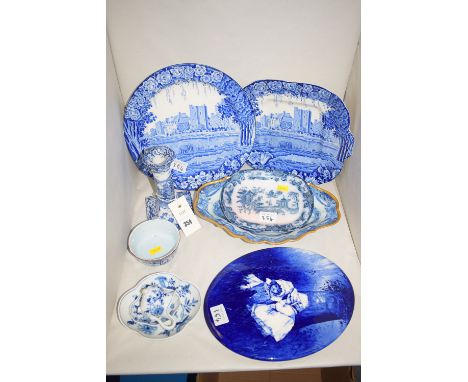 A Meissen dish; cream dish and pin dish; blue and white candlestick; etc.