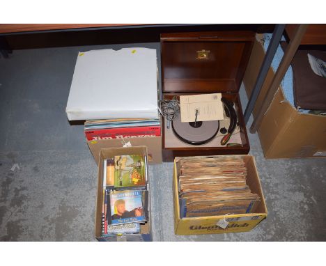 His Masters Voice three speed automatic record player; together with two boxes of LP and other records; and a box of CD's.