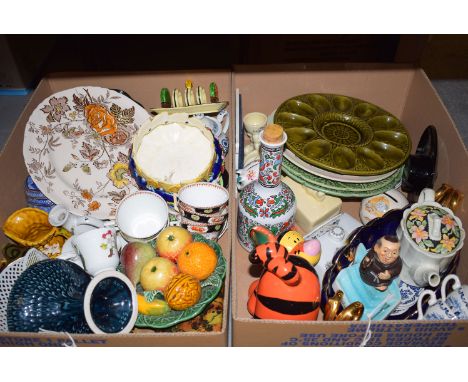Two boxes of decorative ceramic household ornaments; etc.