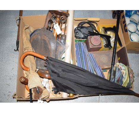 Two Barbola mirrors; a turned wooden table lamp; a smokers stand; an umbrella; animal ornaments; etc., in two boxes.