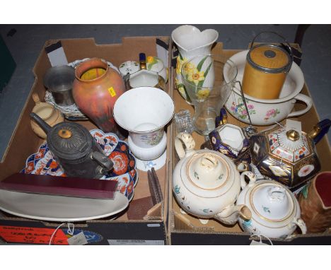 Two boxes of assorted ceramics, including: an Imari plate; collectors' plates; three-piece Imari pattern tea service; teapot 