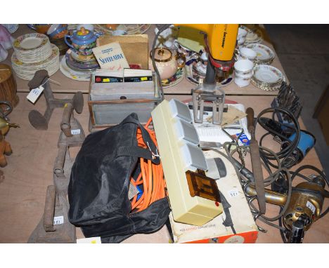 Electrical tools, to include: an A & T Ltd. bench drill stand; Black & Decker U21 1/2in. drill; bridges 5\16'' de-luxe drill;