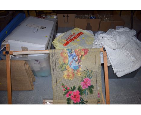 Soft goods, including: table linen; tapestry material, framed; yarns; etc., in three boxes.