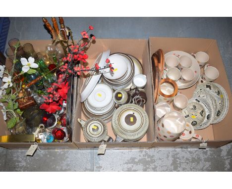 Kitchen ware, to include: Denby part dinner and tea service; other tea ware; wine glasses; glass vases; etc., in three boxes.