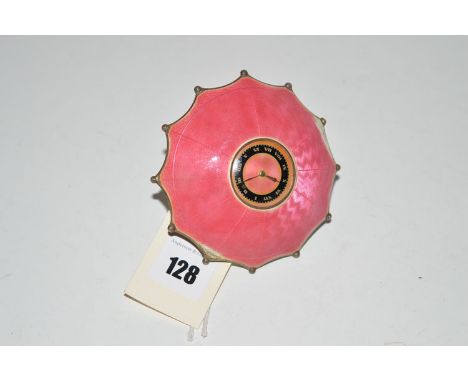 A Swiss 925 standard silver and pink enamel umbrella pattern clock, the guilloche enamel work to top and engine turned to und