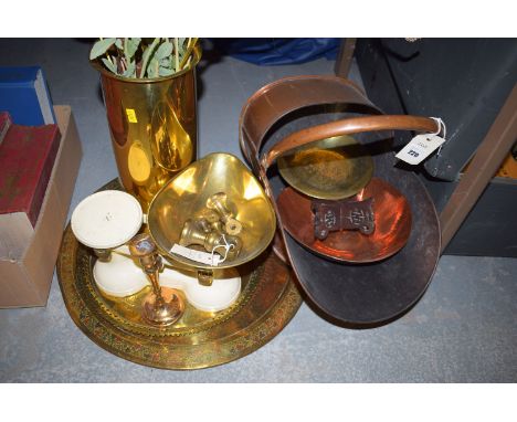 A copper coal scuttle; two brass trays; a 1931 shell case; kitchen scales and weights; etc.