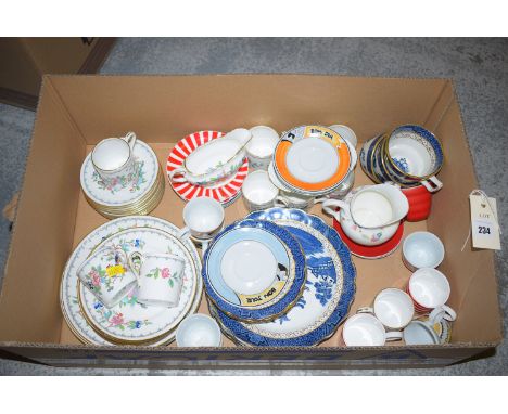 A box of ceramics, including; Aynsley; Pembroke; coffee cans; plates; spoons; 'Real Old Willow' pattern plates and saucers, e
