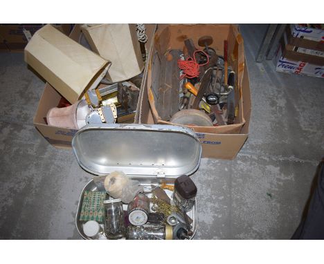 Household tools; table lamps; light fittings; etc., in two boxes.