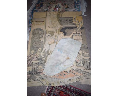 A machine-made wall tapestry depicting Middle Eastern dancers; together with a Burmese painted fabric panel.  (2)