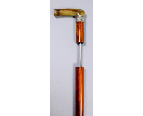 A late 19th Century composite walking stick sword stick with malacca shaft, horn handle and silver mount, Birmingham 1893, th