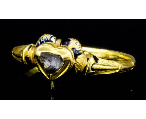 A late 16th/early 17th Century gold coloured metal mounted diamond and enamel ring, the central face with a heart pattern bez