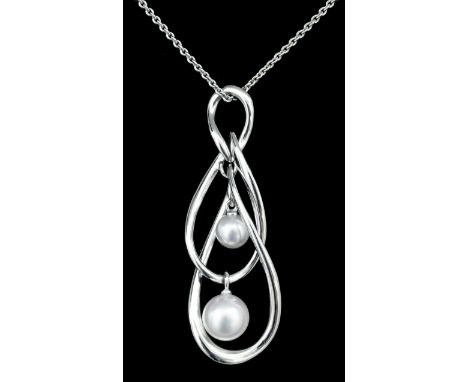 A modern 18k white gold pearl set pendant, the triple intertwined loop hung with two cultured pearls, 45mm x 17mm overall, su
