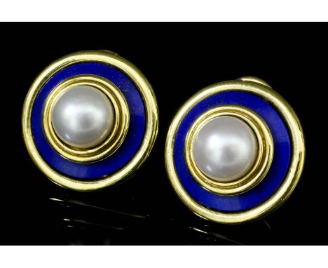 A pair of modern 18ct gold pearl and enamel target pattern earrings (for pierced ears), the central pearls 7mm diameter conta