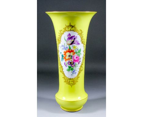 A modern Meissen porcelain flared vase enamelled with Deutsche Blumen, within a shaped gilt edged reserve panel, on a yellow 