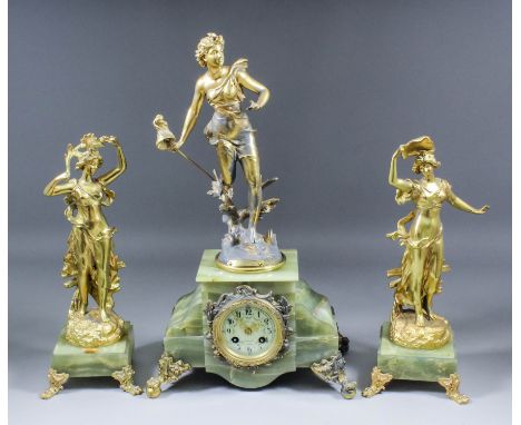 A late 19th Century French green onyx and gilt metal mounted three piece clock garniture retailed by Wray Son & Perry of New 