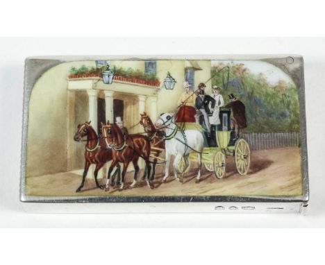 A late Victorian silver and enamel rectangular vesta case, the cover enamelled with coaching scene, 2.25ins x 1.25ins, by Sam