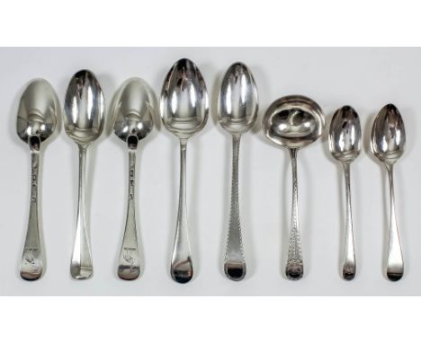 Three George II silver Hanoverian pattern tablespoons by Samuel Hutton, London 1727 (engraved with egrets), five Georgian sil