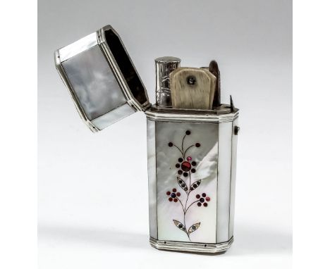 A 19th Century Continental silvery metal mounted and mother-of-pearl etui of octagonal panelled and tapered form, incised wit