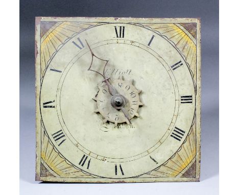 An early 19th Century wall clock movement by Elliott of Lenham, the 9ins square painted dial with Roman numerals and raised a