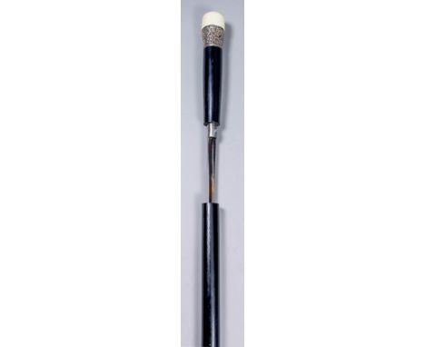 A late 19th Century composite walking cane sword stick with ebony shaft, the 29.75ins triangular section steel blade unmarked