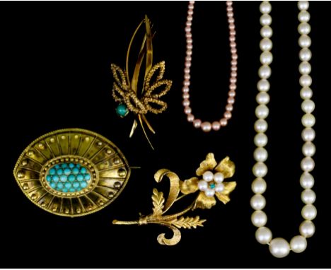 A late Victorian gold coloured metal mounted turquoise set navette pattern brooch, the central panel set with twenty-four sma