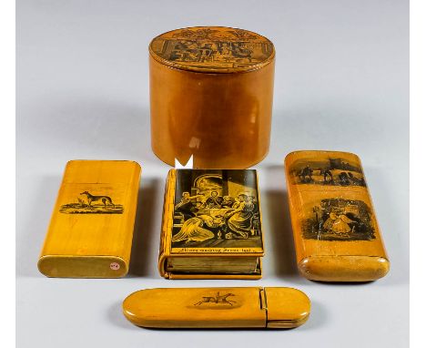 A Victorian Mauchline ware and sycamore and penwork oval pattern tea caddy, the lid worked "The Cotters, Saturday Night", 4.2