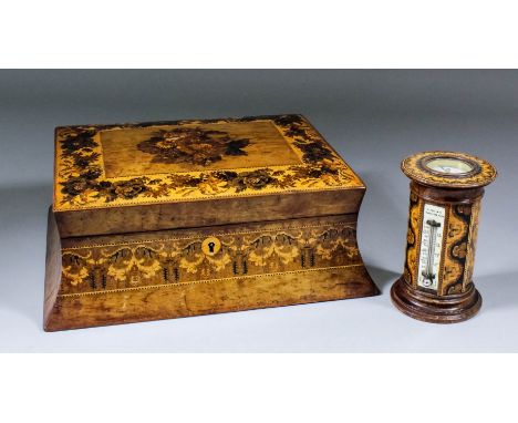 A Victorian Tunbridge Ware rectangular work box with in-curved sides, the lid with floral spray, within a floral border, 12in