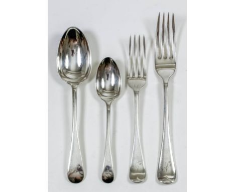 A set of six George V silver Old English pattern dessert spoons and six dessert forks engraved with the initial "N" to handle