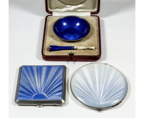 A George VI silver and sky blue guilloche enamel compact with engine turned borders and base, 2.75ins square, by W.A. Perry &