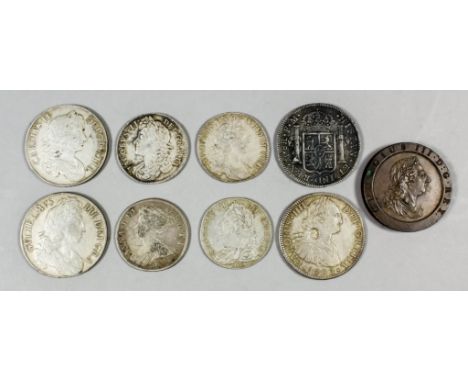 A Charles II 1676 Crown (fair), a William III 1696 Crown (fair), a James II 1687 Half Crown, a William III 1700 Half Crown, a