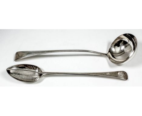 A George III silver Old English pattern gravy spoon, the bowl with strainer, the terminal engraved with crest and worded "For