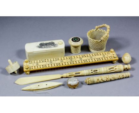 A 19th Century ivory rectangular cribbage board, 7.25ins x 1.125ins, a 19th Century bone rectangular puzzle box incised with 