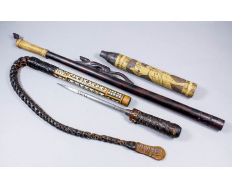 An Asian plaited leather whip with bone and mother of pearl wooden shaft, the leather covered handle unscrewing to reveal an 