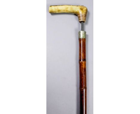 A 19th Century composite walking stick sword stick with antler handle and bamboo shaft, with 33.25ins steel rod blade (tip br