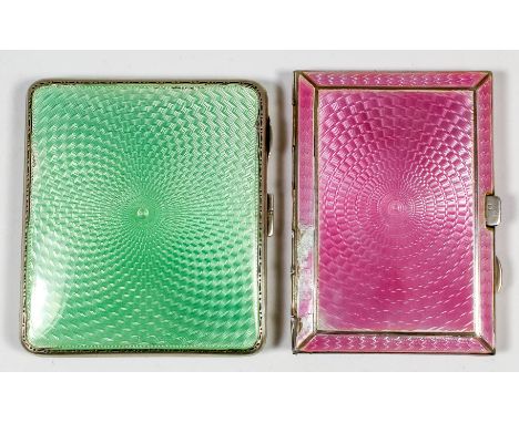 A George V silver and pale green guilloche enamel rectangular cigarette case with engine turned back, 3.25ins x 2.875ins, by 