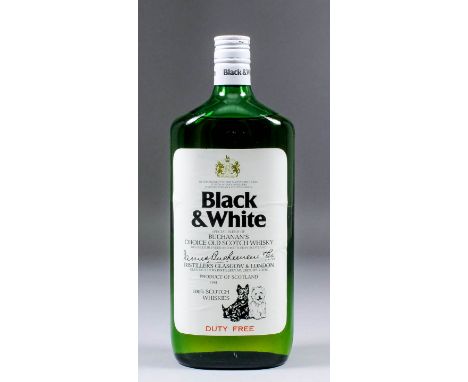 A bottle of Black and White Scotch whisky by Buchanans (circa 1955 -  unopened)  in green bottle bearing duty free label (pur