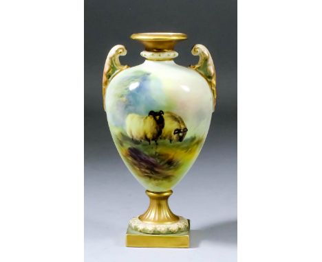 A Royal Worcester bone china two-handled urn-shaped vase enameled in colours with sheep grazing, by E. Barker, with moulded s