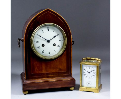 A late 19th Century French mahogany mantel clock, No. 7009 5 2, the 4.25ins diameter white enamel dial with Roman numerals, t
