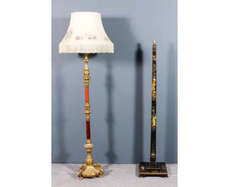 A black lacquer electric standard lamp decorated with chinoiseries, with square tapered column and on square stepped base and