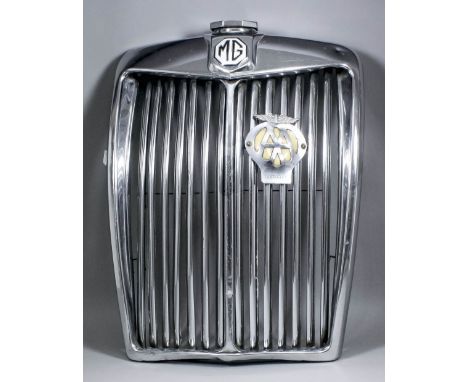 An MG chrome plated radiator shell with enamelled badge and automobile association plated badge No. 5E93371, 16.5ins wide x 2