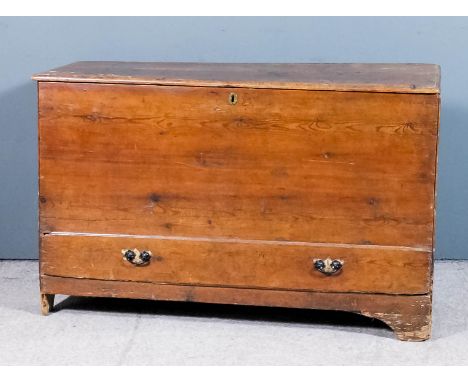 A 19th Century stained pine plank mule chest with moulded edge to top, fitted one long drawer to base, on bracket feet, 44ins
