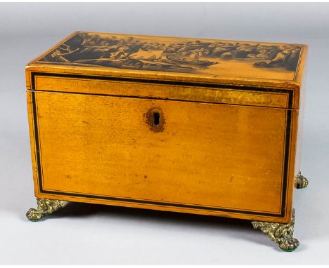 A Victorian Mauchline ware sycamore and penwork tea caddy, the lid decorated with scene titled "Lady of the Lake" opening to 