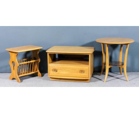 A modern Ercol blonde elm rectangular corner cabinet with drop leaf to back , fitted open shelf and one drawer, on plinth bas