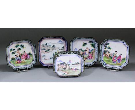 Four similar Chinese Canton enamel square trays with in-curved corners, one enamelled with two European gentleman, each 3.75i