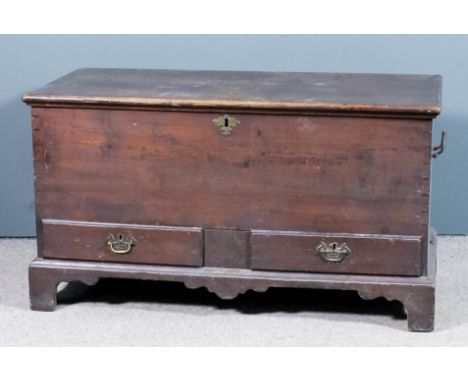 A Victorian stained pine two-handled mule chest, fitted two drawers to base, on bracket feet, 44ins wide x 21ins deep x 24ins