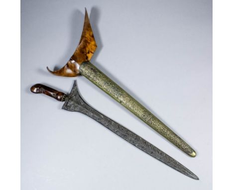 A Java Keris Lurus from Surakarta, 14ins straight blade, hardwood hilt, brass scabbard decorated with birds and flowers, 18in