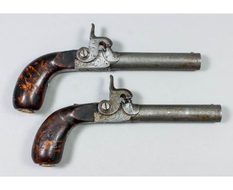 A pair of early 19th Century Continental percussion travelling pistols, 4ins engine turned barrels bearing proof marks for Li