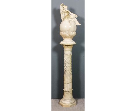 An early 20th Century Italian alabaster table lamp and pedestal, the lamp with turned veined alabaster spherical globe surmou