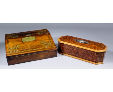 A George IV brass inlaid rosewood writing box, 12ins x 9.5ins x 4.25ins high, and a 19th Century burrwood and mother of pearl