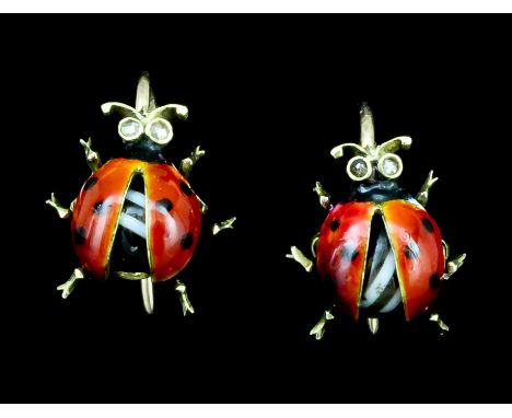 A pair of modern gold coloured metal mounted enamel and diamond set ladybird pattern earrings (for pierced ears), the red, wh